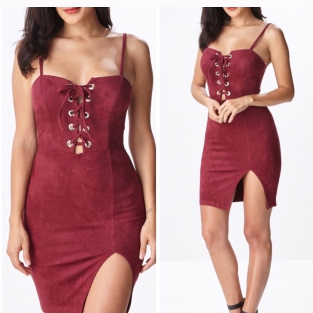 Hera Collection Faux Suede Lace Up Dress  Burguny mini
